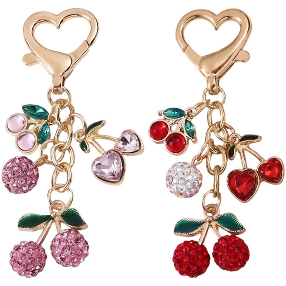 Sslvya 2 Pcs Rhinestone Cherry Keychain Purse Charm Sparkling Fruit Cherry Bag Charms Keychain Pendant Handbag Car Key Accessories