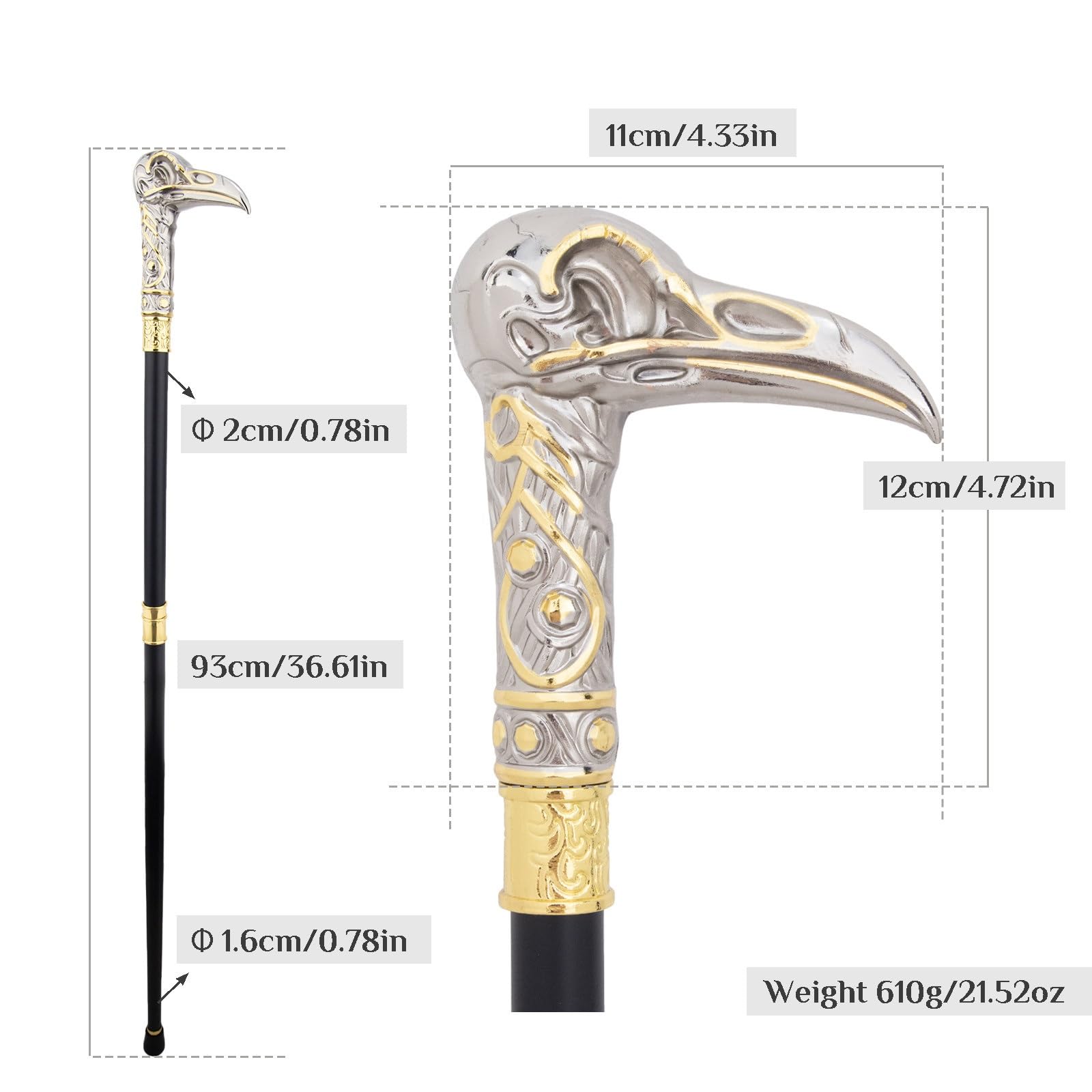Bastón de Paseo con Forma de Pájaro Esquelético, con Clip y 4 Antideslizantes Extraíbles, para Colección de Cosplay Bastón Decorativo de 93 Cm(White)