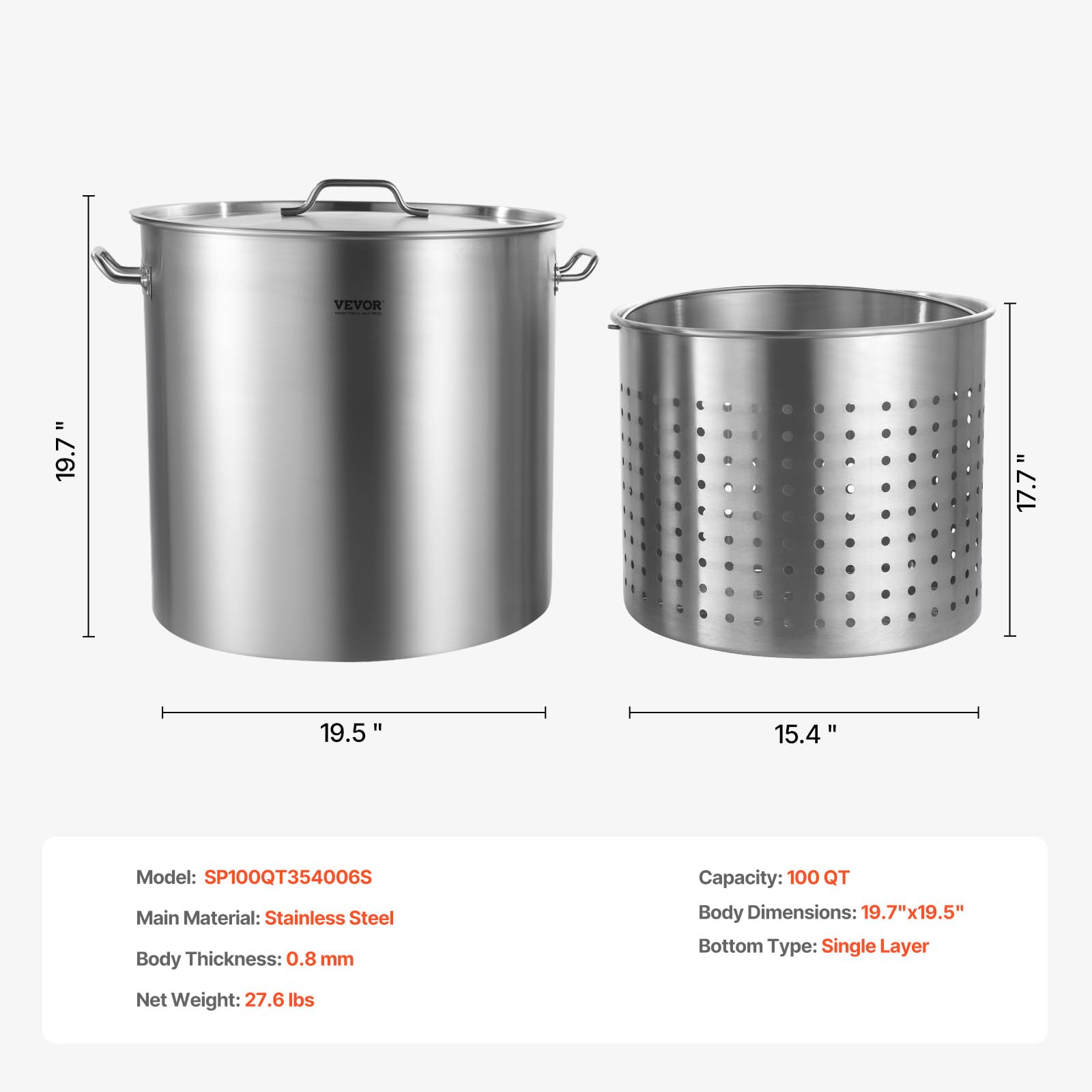 VEVOR Pentola in Acciaio Inox, Pentola per Salse con Cestello 94,6 L, Coperchio e Manico, Pentola Resistente di Grado Commerciale, Trattamento di Macinazione, per Eventi di Grandi Gruppi, Argento