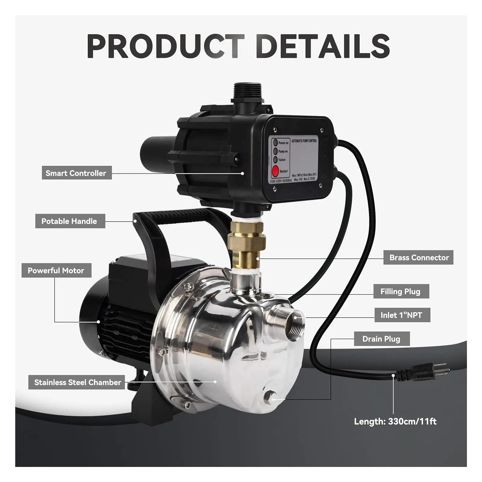 Pompa booster pressione acqua in acciaio inossidabile ON/OFF automatico, con controller intellinte for pressurizzazione 'approvvigionamento idrico senza serbatoio per Chimica