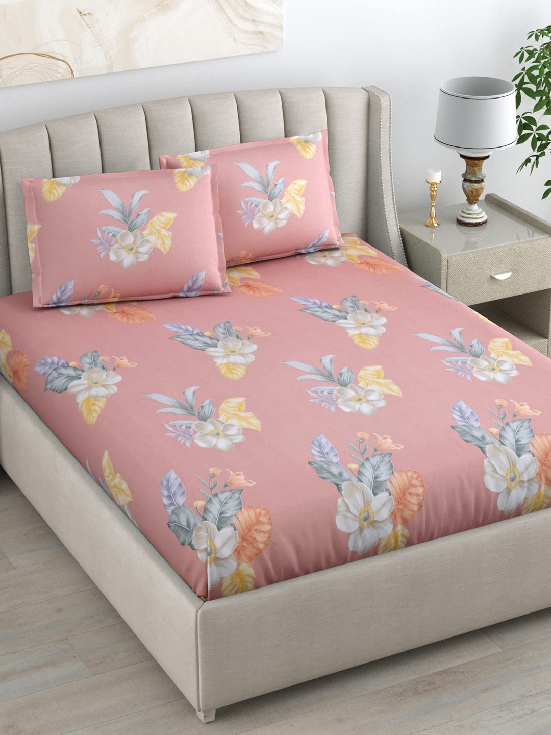 HOME365 Pink 220 TC Floral Glazed Cotton 1 Double Bedsheet with 2 Pillow Covers