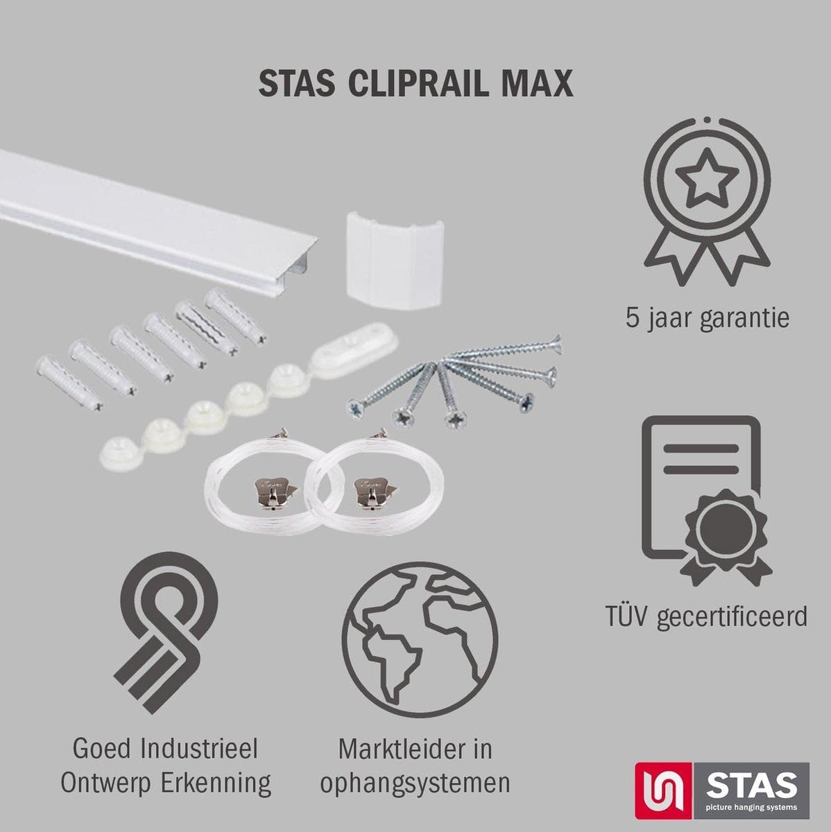 STAS Cliprail Max Picture Hanging System - White 150cm Complete Kit With 2 Cords & Hooks - View #14