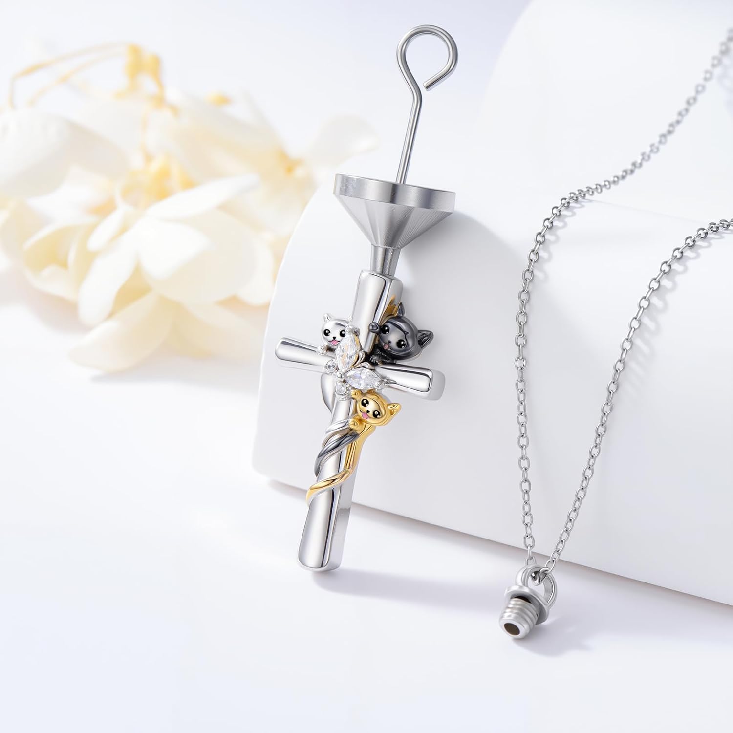 TOUPOP Cat Cross Urn Necklaces for Ashes S925 Sterling Silver Butterfly Cremation Jewelry Memorial Keepsake Jewelry with Funnel Filler for Women Men - Image 2