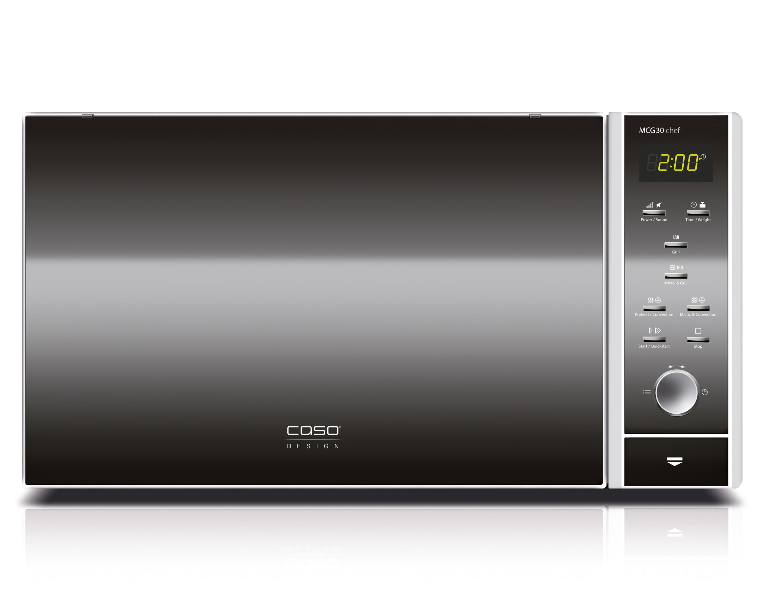 CASO MCG 30 Chef - microondas 3 en 1 de 900W con grill de 1250W y aire caliente de 2200W - Capacidad de 30L - Plato giratorio Ø 31,5 cm - pantalla digital, frontal espejado - acero inoxidable y negro