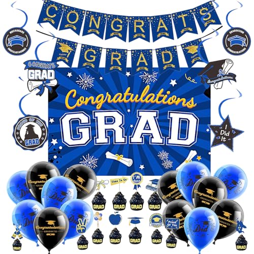 Image of Graduation Decorations 2025 Blue and Gold Class of 2025 Congrats Grad Backdrop Banner for Graduation Party