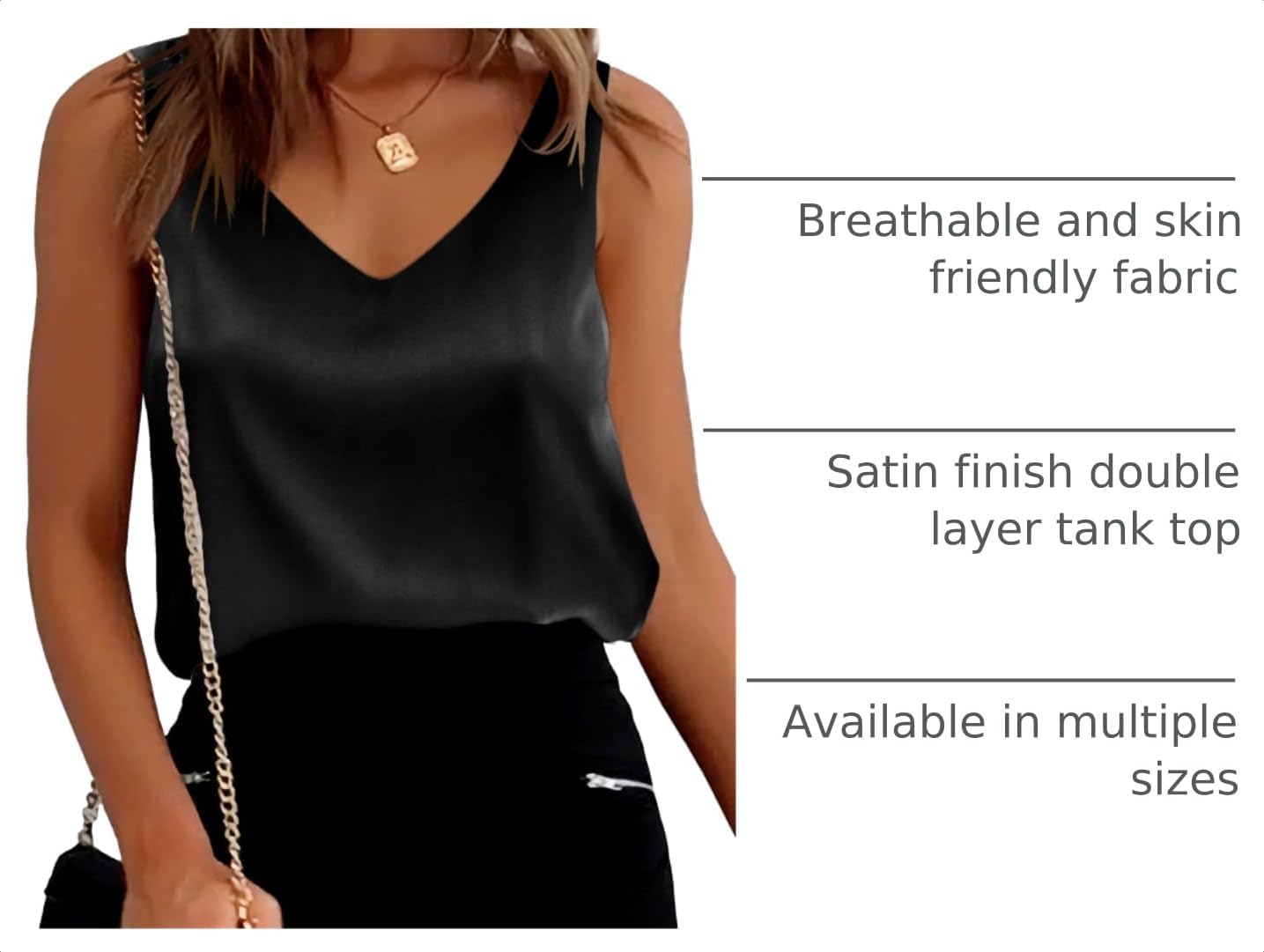 Ekouaer Womens Satin Tank Tops Summer Sleeveless Tops V Neck Casual Shirts