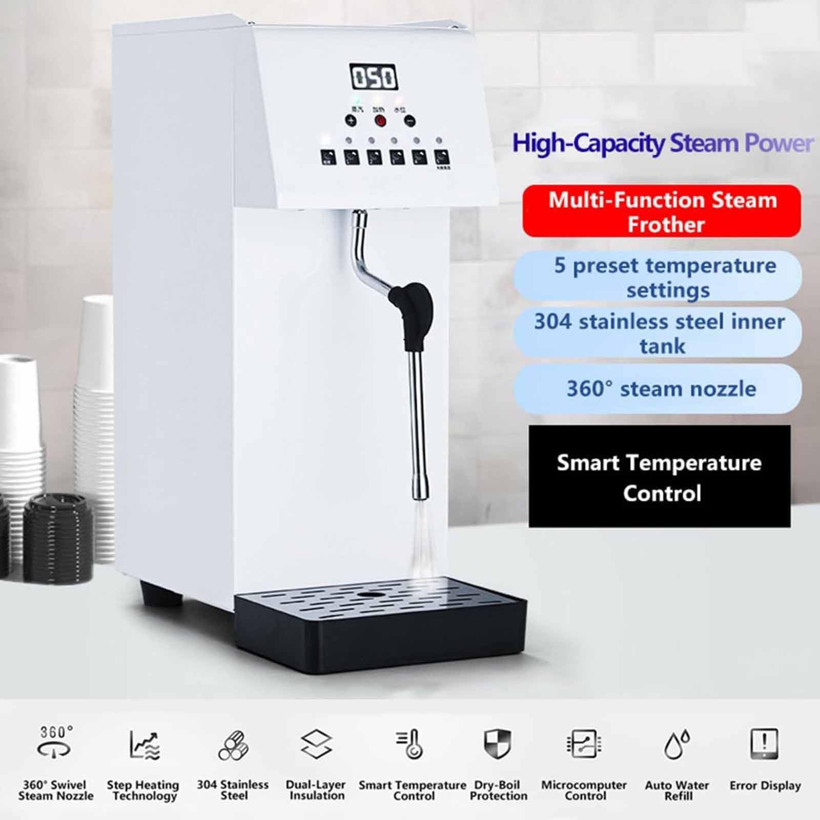 Espumador de leche eléctrico comercial de 2500 W, con vapor, tanque de 6 L, acero inoxidable 304, 5 ajustes de temperatura preestablecidos, pantalla LED para latte y capuchino, protección co