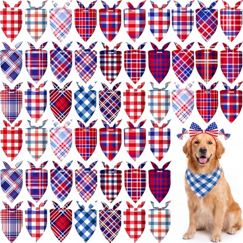 Image of Abbylike 50 Pcs Veterans Day Dog Bandanas Bulk, Red White and Blue Plaid