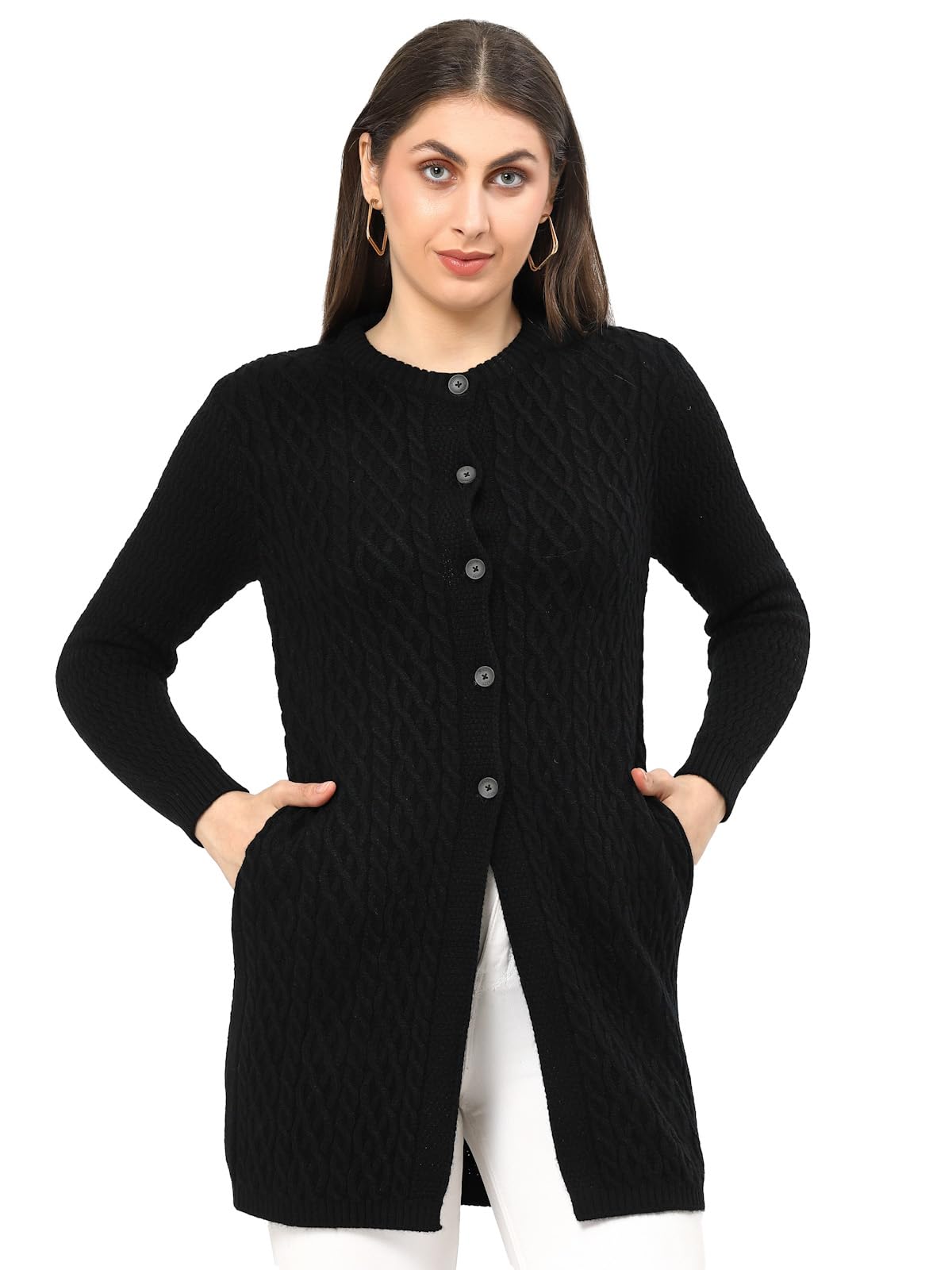 Women Round Neck Cable Design Acrylic Knit Longline Cardigan Sweater