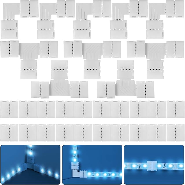 Mudder 30 Pieces RGB LED Strip Connector Full Kit, 4 Pin 10 mm Gapless Solderless Adapter Extension Compatible with SMD 5050 LED Strip, 20 Gapless Connectors, 5 L Connectors and 5 T Connectors