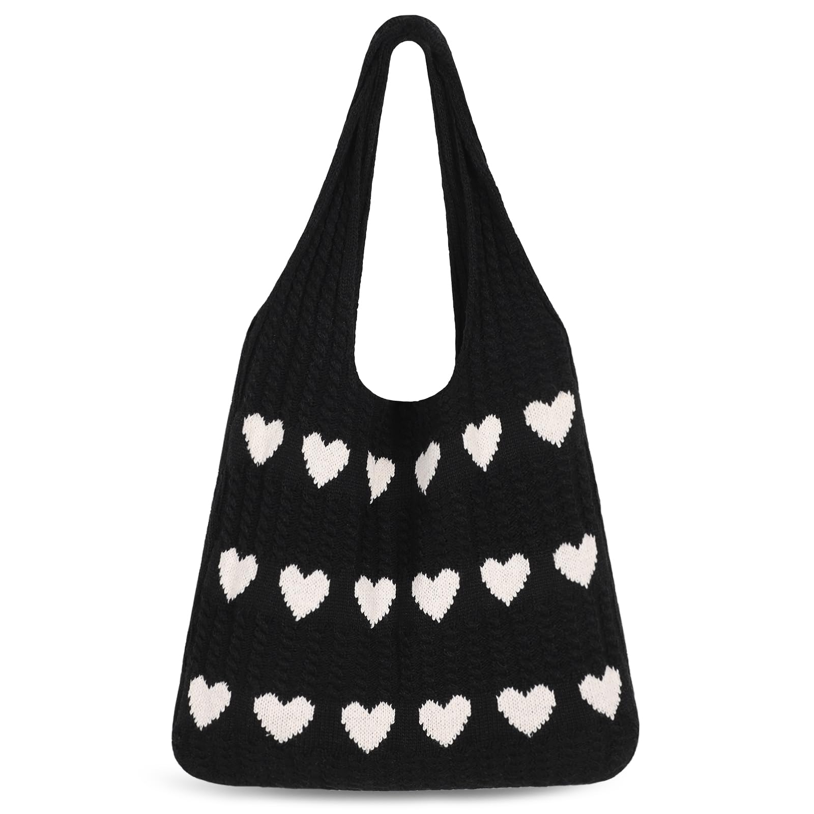 Sightor Crochet Tote Bag, Mesh Beach Bag Knit Summer Hobo Bag Vacation Boho Tote Bag for Women (Black White Heart)