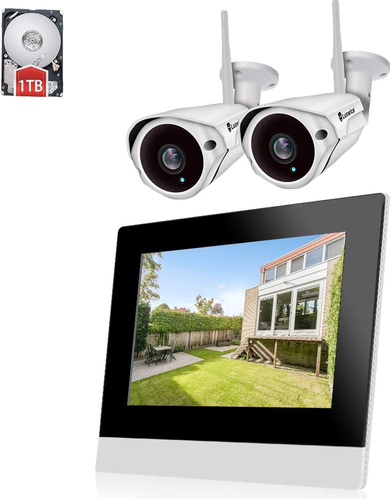CCTV Home Security Camera System Wireless with 1080P 4CH with Monitor and 2pcs 2.0MP Wifi Indoor Outdoor Cameras 1TB HDD Home Alarm Systems with Motion Detection Alert 100ft Night Vision