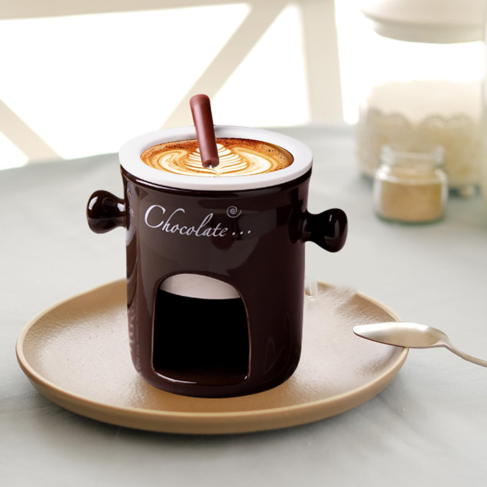 Fondue-Tasse aus Keramik, tragbarer Schokoladenwärmer, glasiertes Mini-Serviergefäß, elegantes Dessert-Dip-Accessoire, Mahlzeiten im Freien, lässige Anlässe, kreative Geschenkwahl, verbessert leckere
