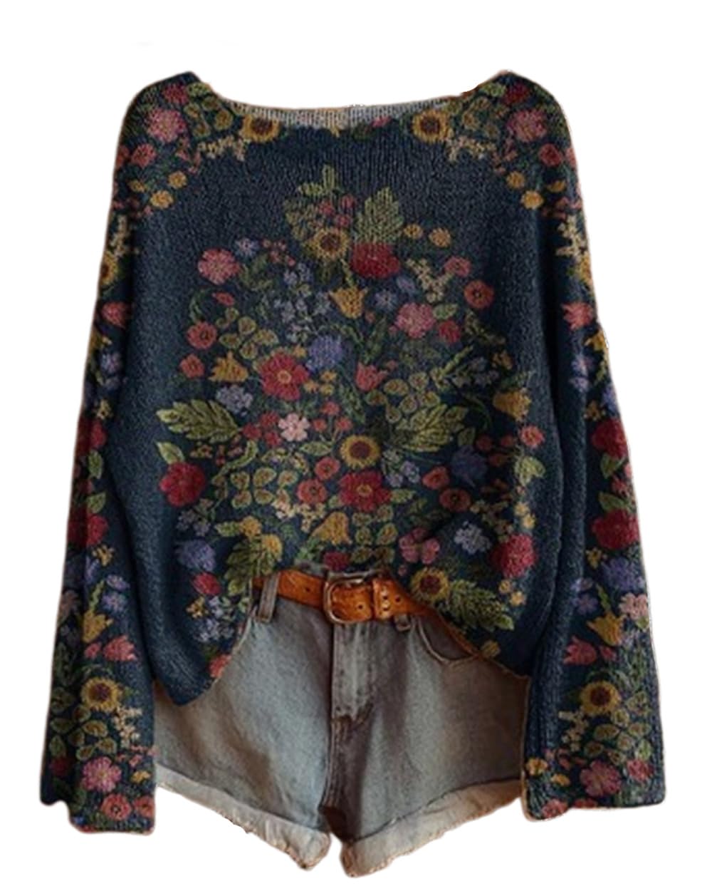 OSCORP Womens Boho Floral Print Knit Long Sleeve Sweaters Loose Fit Lightweight Pullover Tops Spring Cozy Sweaters
