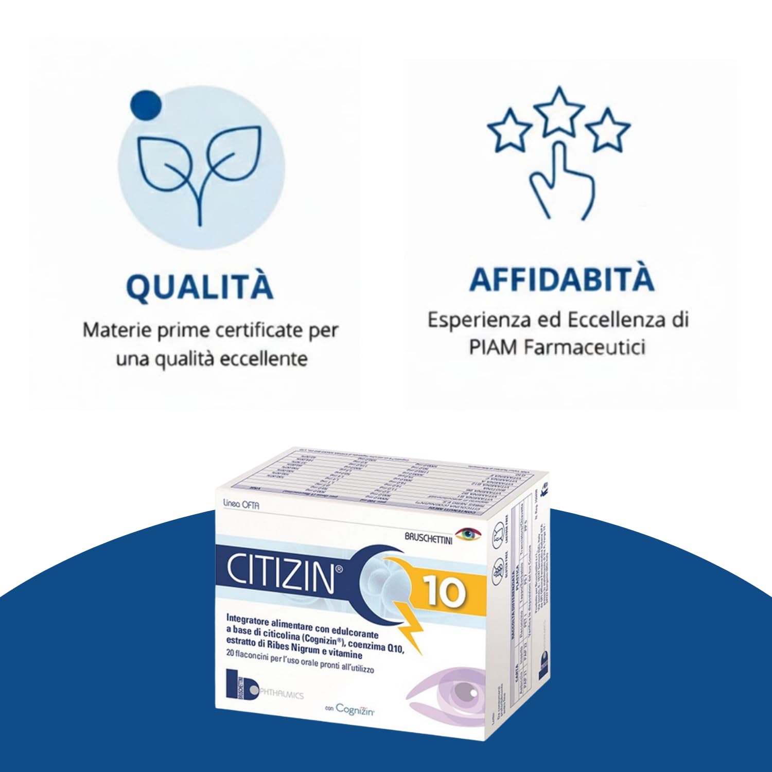 Q10 – 20 Flaconcini da 10 ml – Integratore Alimentare a base di Citicolina (Cognizin), Coenzima Q10, Vitamine A, C, E, Vitamine del gruppo B e Ribes nero