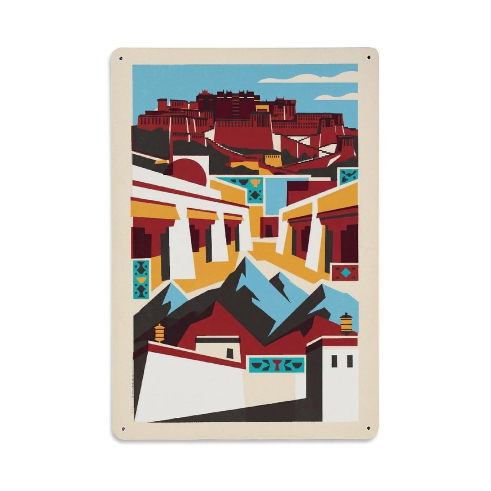 Okngb Style Chinese Cityscape Lhasa China Travel Vintage Graphic Metal Tin Sign Plaque Wall Decor For Cafe, Man Cave, Club Bar, Office, Home Garden Round Metal Poster 8X12inch