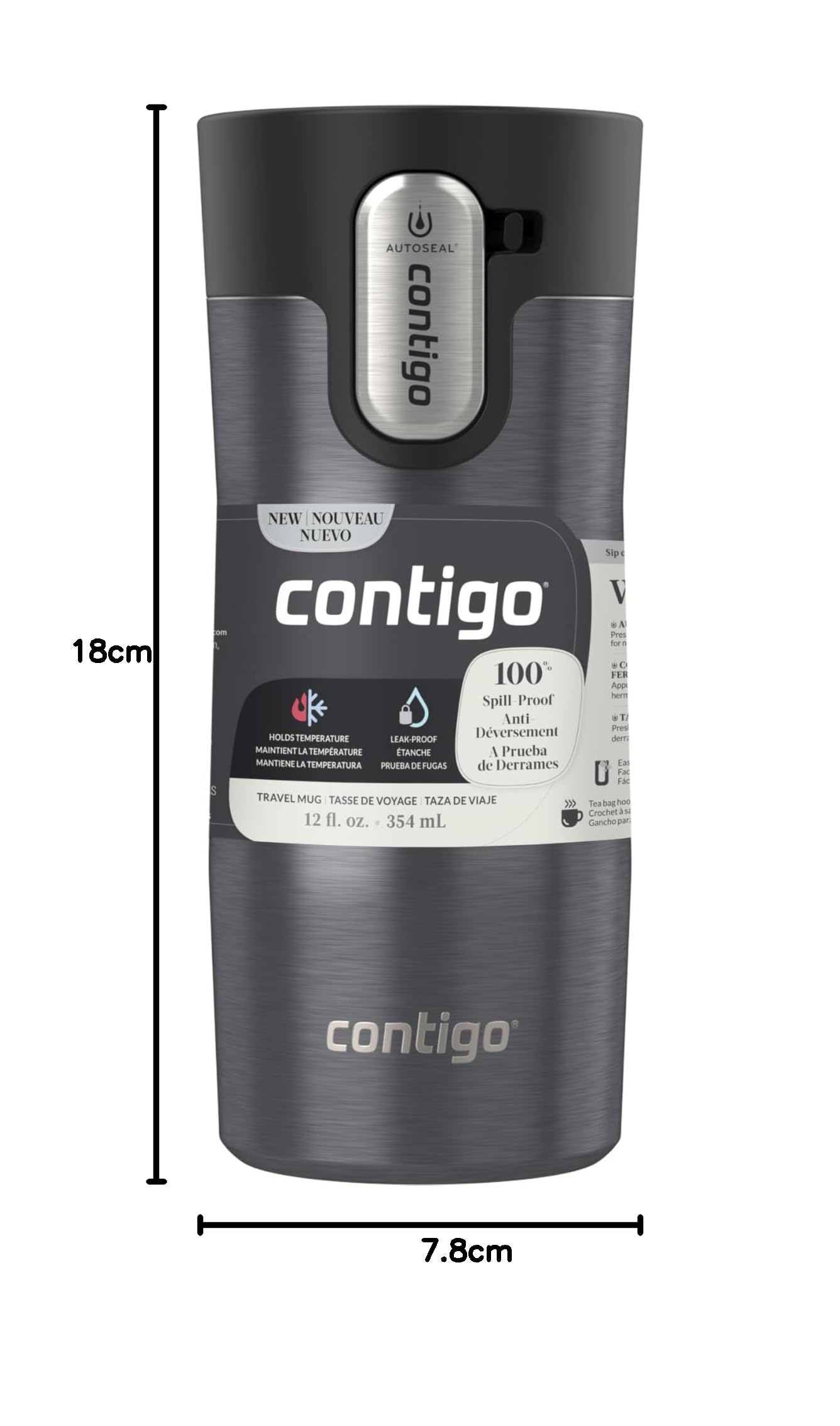 Contigo Autoseal West Loop Thermobecher, Edelstahl, 355 ml, vakuumisoliert, leicht zu reinigender Deckel, Grau Metallic