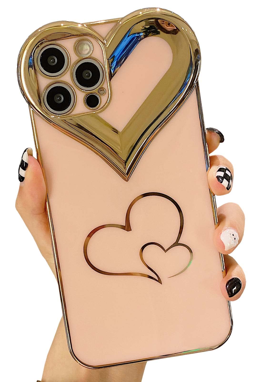 KERZZILCute iPhone 12 Pro Max Case for Women Girls, Glitter Aesthetics Plating Case, Elegant Love Heart Camera Protective Electroplated Soft TPU Phone Cases Cover(Pink)