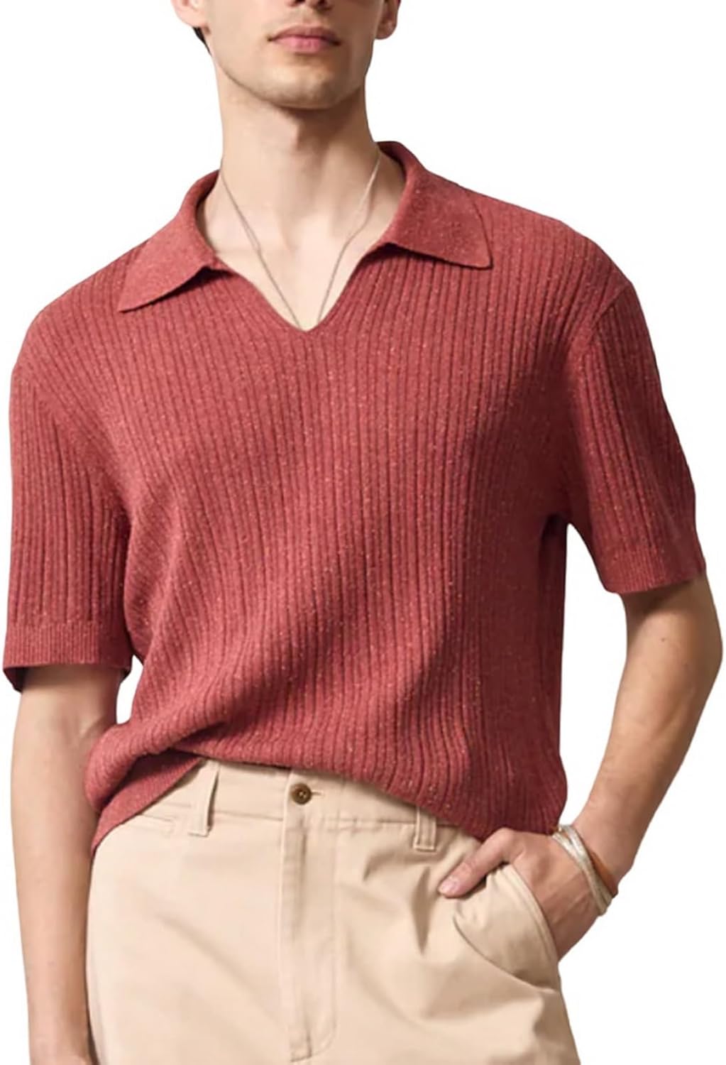 Mens Ribbed Knit Polo Shirts V Neck Short Sleeve Vintage Sweater Polo Summer Casual Shirts Golf Pullover