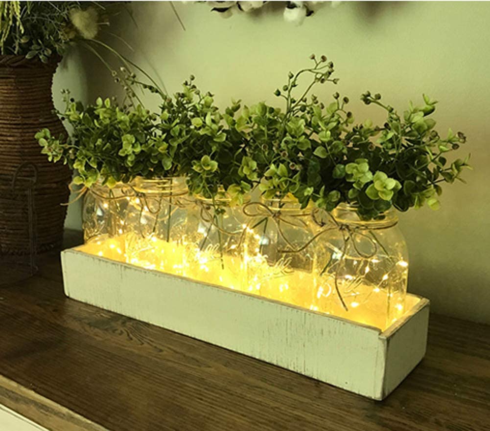 Mason Jar Licht,（2 Stück）, Rustikale Wanddekoration, Lichterkette im Glas, Grüne gefälschte Pflanze, Wohnzimmer Holz-Dekoration mit, Warmweiß Garten Hängeleuchten für Außen(Fernbedienung)