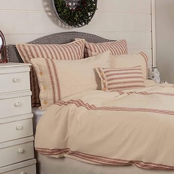 Piper Classics Market Place Red Grain Sack Stripe Duvet Comforter Cover, Queen Size, 92