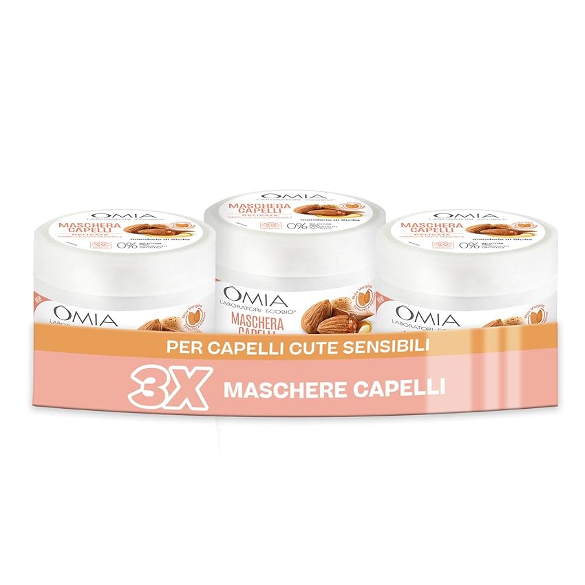 Immagine del prodotto Omia, Maschera Capelli Eco Bio con Mandorla di Sicilia per Capelli e Cute Sensibile, Formula Delicata, Maschera per Lavaggi Frequenti, Senza Siliconi e SLES, 3 Flaconi da 250 ml - Esclusiva Amazon