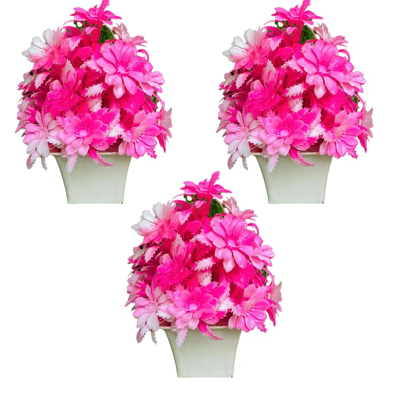 VK Collection Beautiful Artificial Flower Pot with Vase for Home Decor|Hotel Decor|Office Decor|Gifts Pink Flower with Pot (Pack of 3)