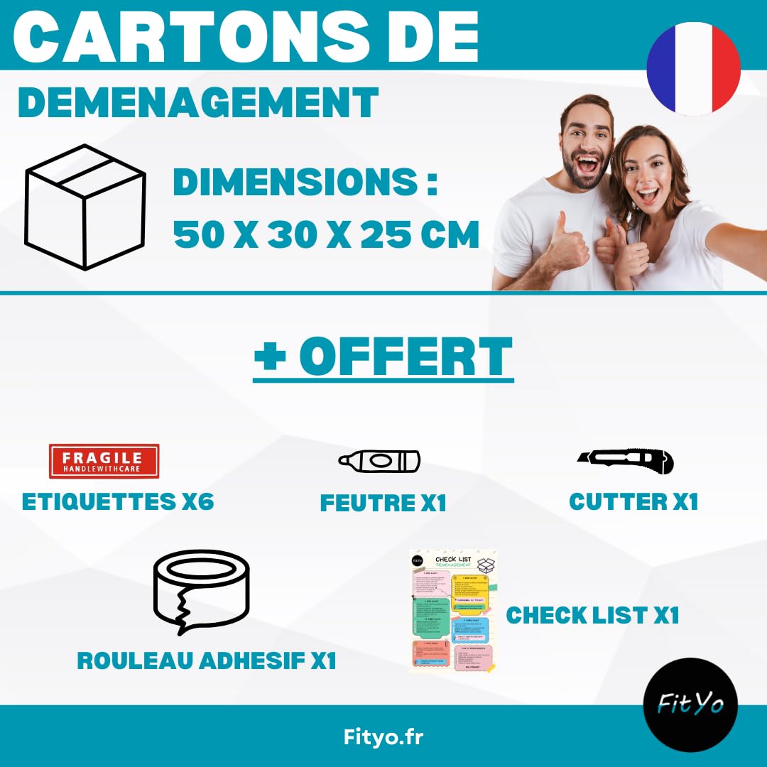FitYo - Lot de 25 Cartons de Déménagement Renforcés - Spécial Livres ou Objets Lourds - Dimensions 50 x 30 x 25 cm + 1 rouleau adhésif offert - Parfait pour un Déménagement ou une Expédition (25)