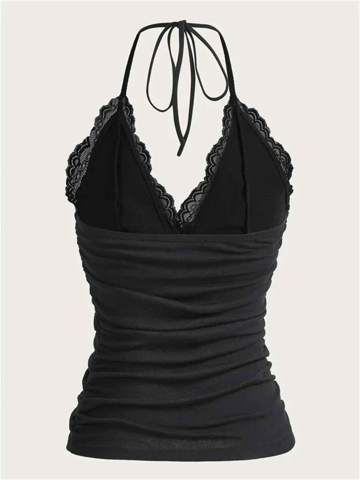 Top Halter Mujer Top sin Espalda de Encaje Negro con Cuello Halter for Mujer, Ropa Calle Mangas Fruncida Lisa, Y2K