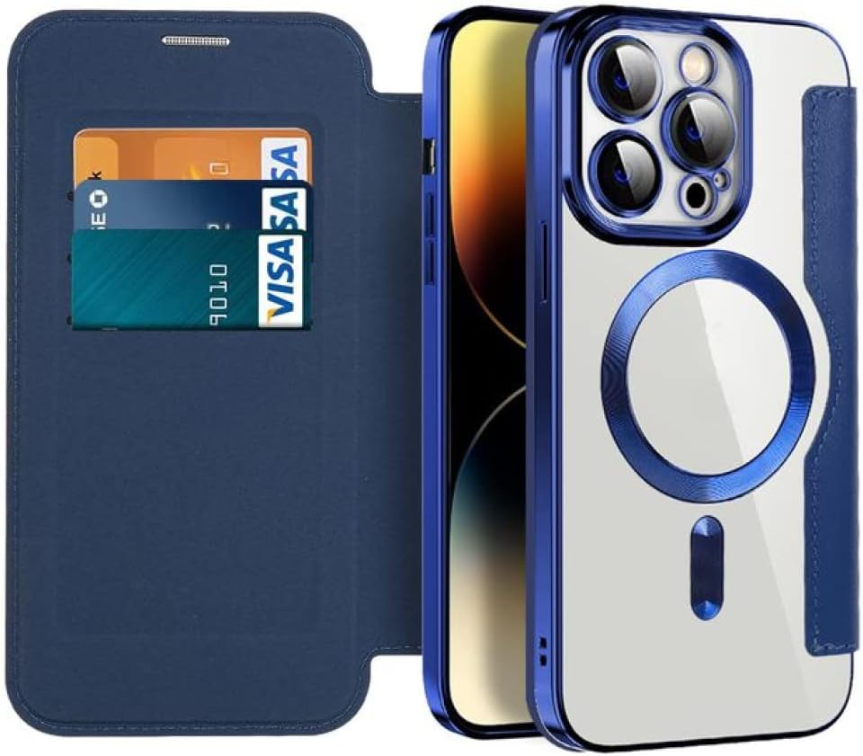 Leather Flip for Magnetic Wireless Charging for iPhone 14 13 12 11 Pro Max Plus Lens Grass Wallet Card Slot Holder Cover,Navy,for iPhone 13 Pro
