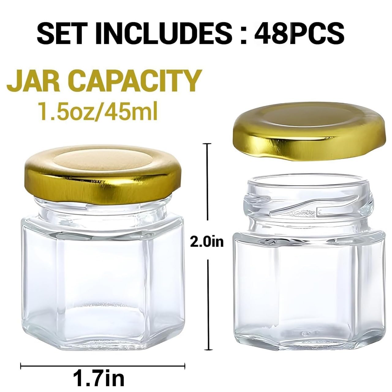 Barattoli esagonali in vetro, 48 pezzi, 45 ml, con coperchio ermetico in metallo dorato, piccoli barattoli in vetro per conserve, sottaceti, marmellata, miele, spezie, erbe, fai da te, bomboniere