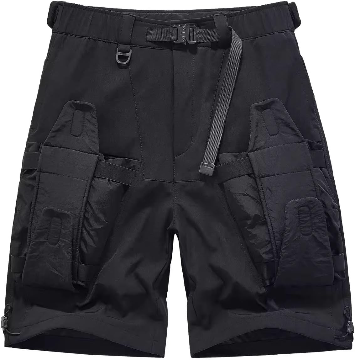 Loose-Fitting Black Tactical Cargo Shorts for Summer Featuring Multi Pockets and Elastic Waist