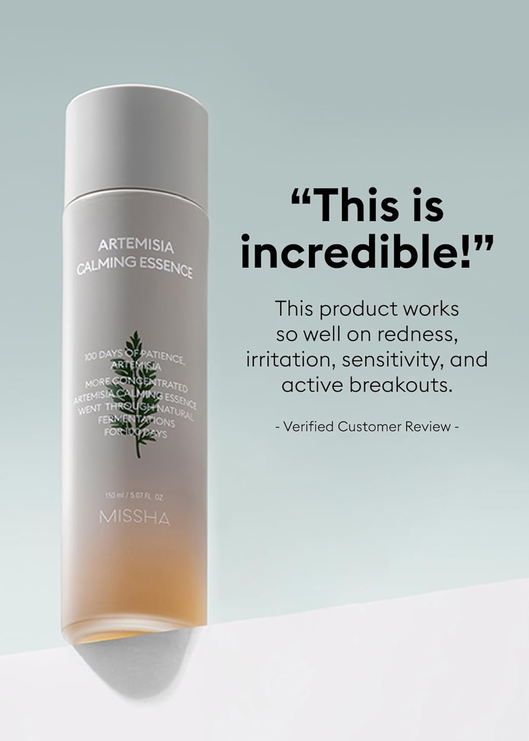 MISSHA Artemisia Calming Essence 5.07 Fl oz / 150ml - 100% Artemisia Annua Extract Facial Toner for Sensitive Skin, Korean Toner with Double-Fermented Mugwort, Soothes Redness & Acne