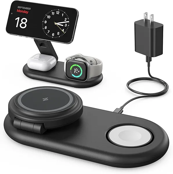 3 in 1 Charging Station for Apple Compatible with MagSafe Charger Stand,Foldable Fast Magnetic Wireless Charger Station for iPhone 17/16/15/14/13 Series,for Apple Watch,for AirPods (Black)