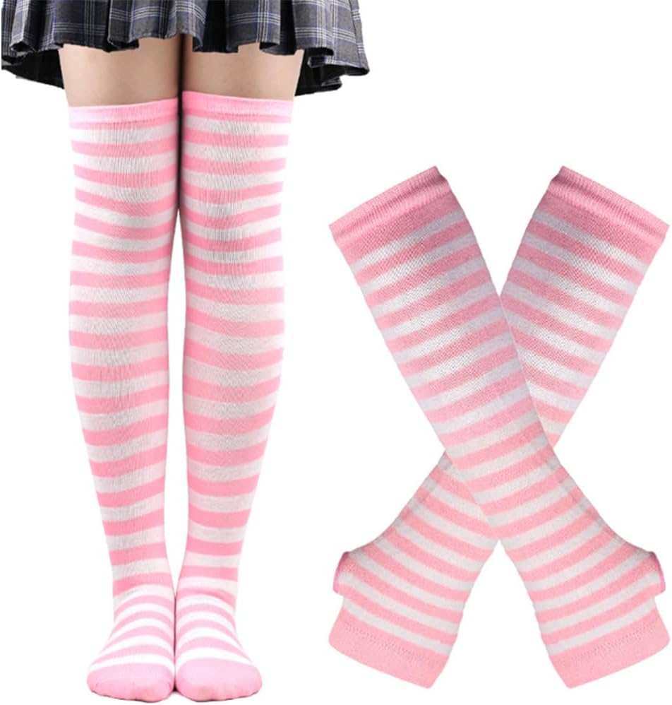 Womens Striped Knee High Socks Stockings Arm Warmer Fingerless Gloves Thumbhole Stretchy Gloves Set (Pink white) - Image 7