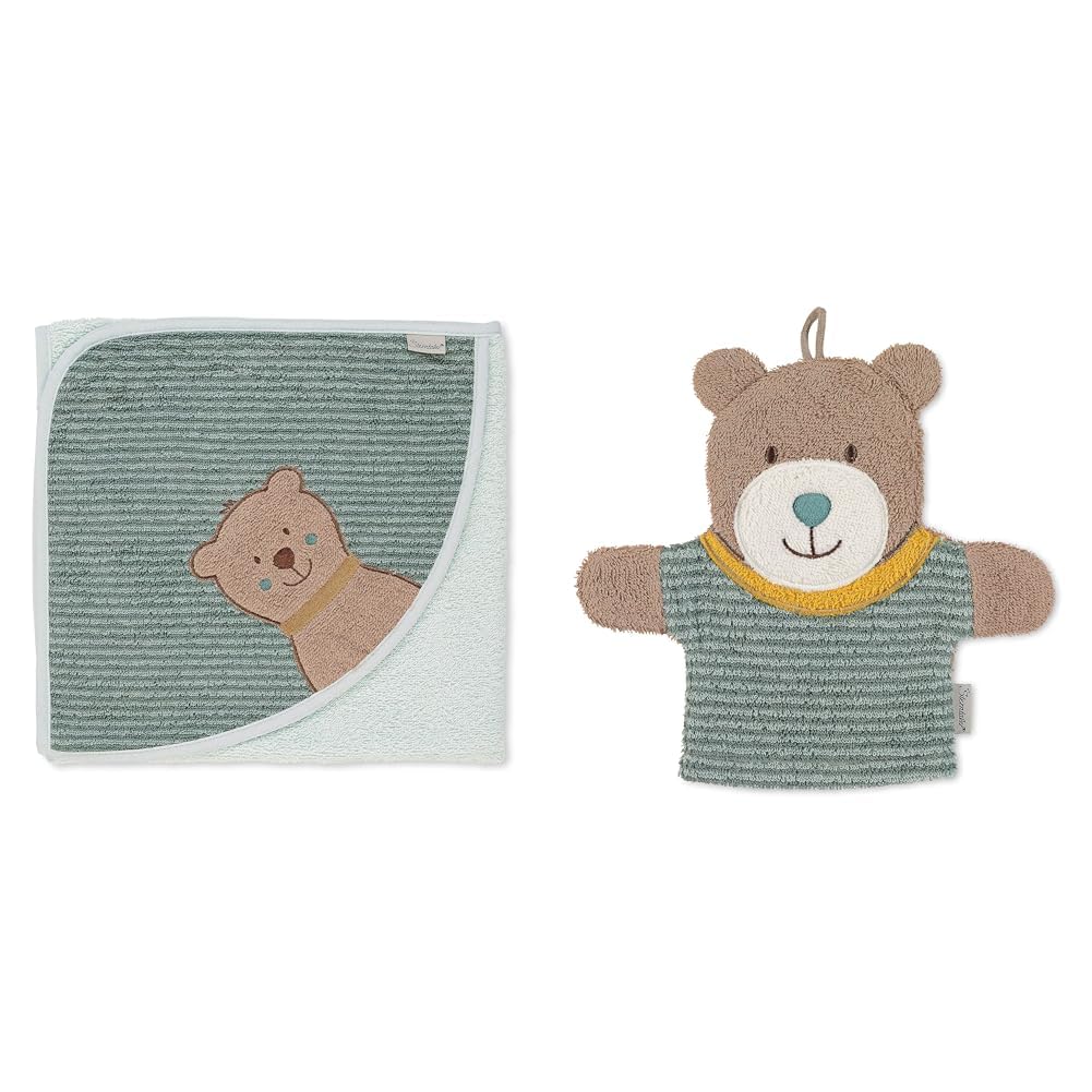 Sterntaler Kapuzenbadetuch Ben, Bär Ben, Alter: ab 0 Monaten, 80 x 80 cm, Hellgrün & Spiel-Waschhandschuh Bär Ben, Größe: 22 x 24 cm, Mittelgrün