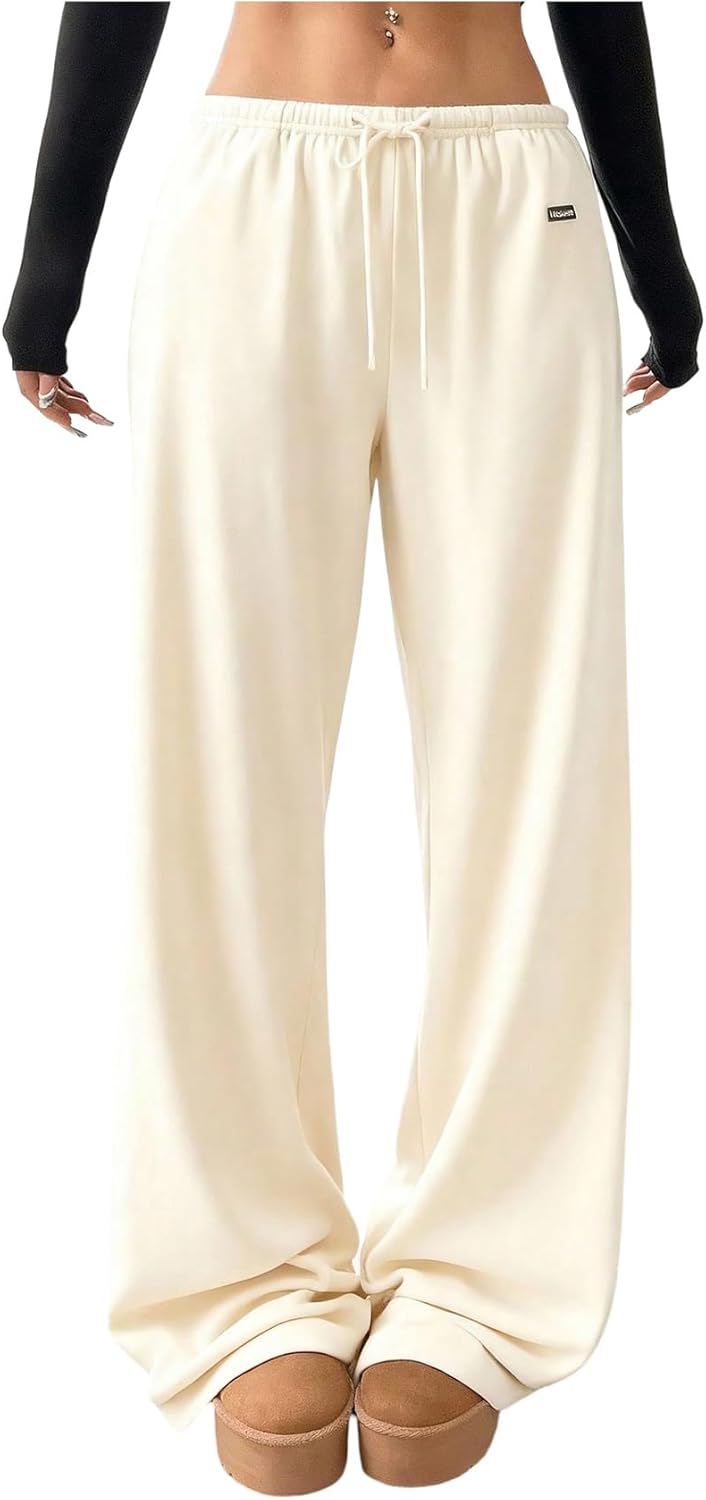 SOLY HUX Women's Drawstring Sweatpants Low Rise Baggy Wide Leg Pants with Pockets Pure Apricot X-Large