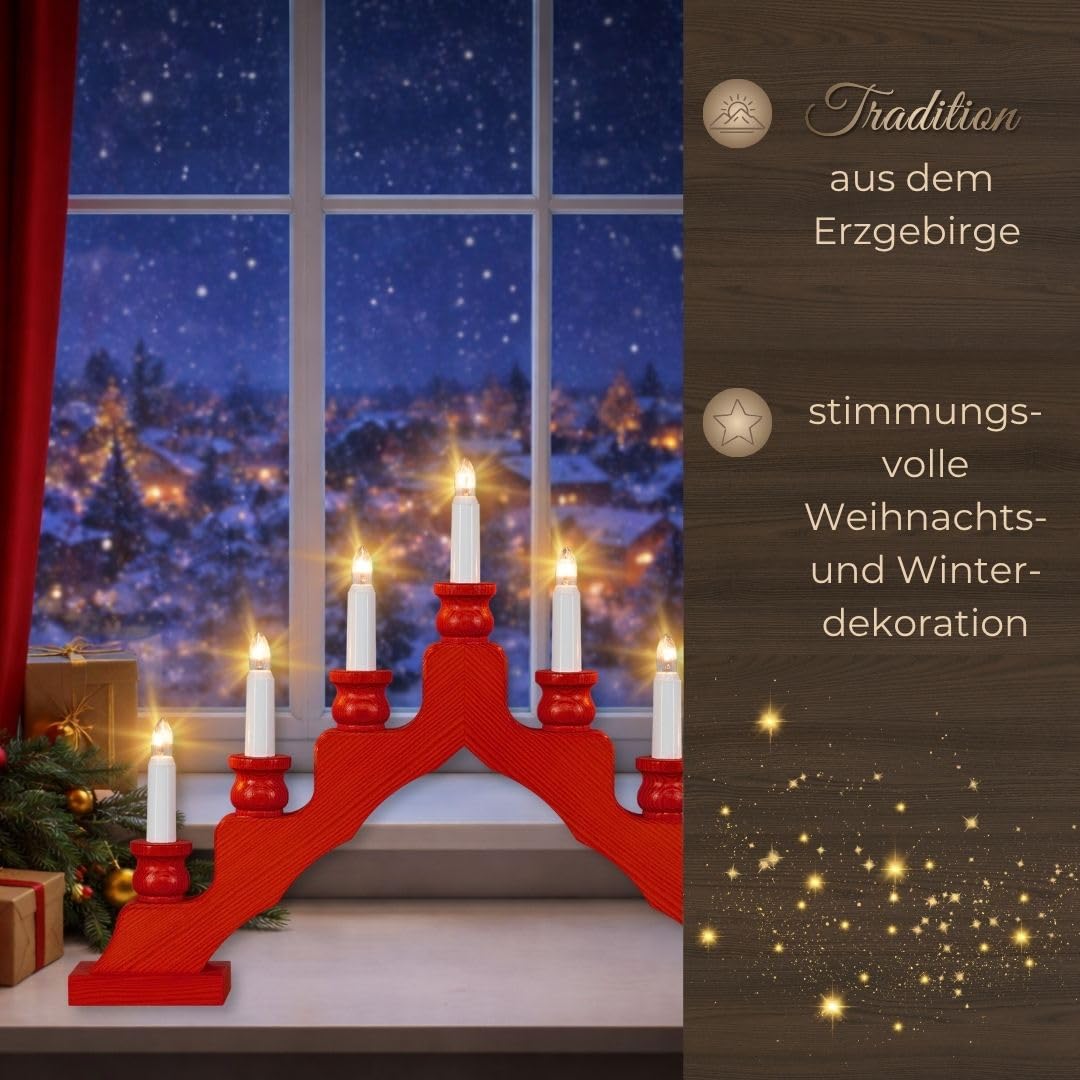 weigla - Schwedenleuchter original Erzgebirge I Trendiger Schwede ROT I LED I Schwibbogen Weihnachten I 7 Lampenkerzen + 1 Ersatzlampe I 7 x 34 V, 0,2 W, E10 I Weihnachtsdeko innen I Kiefernholz