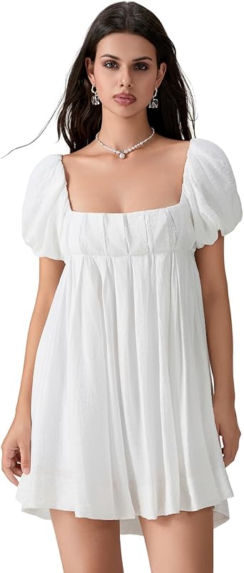 Women Y2k Babydoll Boho Mini Dress Short Puff Sleeve Square Neck Ruffle Backless Summer Tie Back Flowy Dress