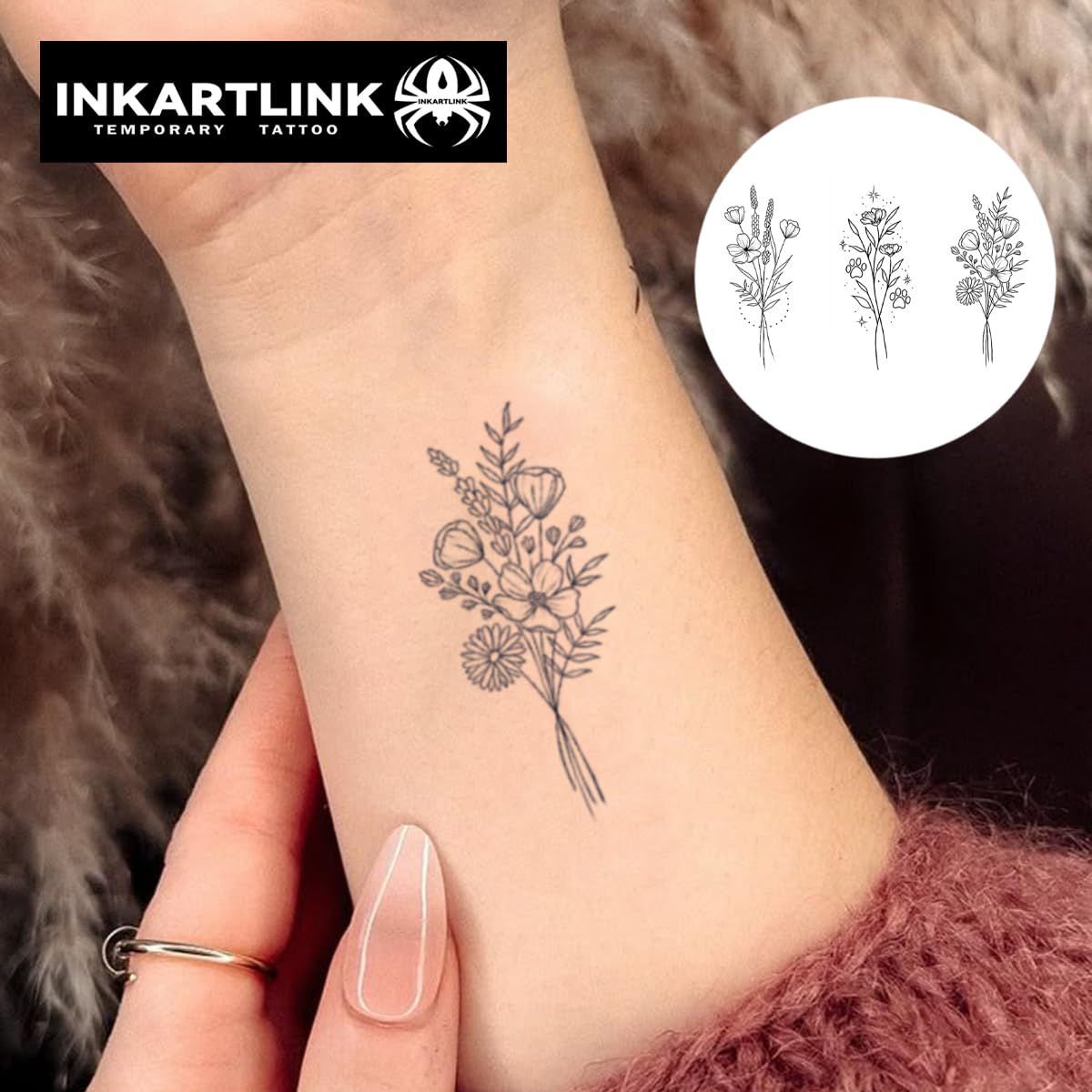 Tattoo Tech, 2 hojas de tatuaje semipermanente mediano, tatuajes temporales, duran 1-2 semanas, impermeable, aspecto realista, sin adhesivo, sin reflejo (tres racimos de flores) 2