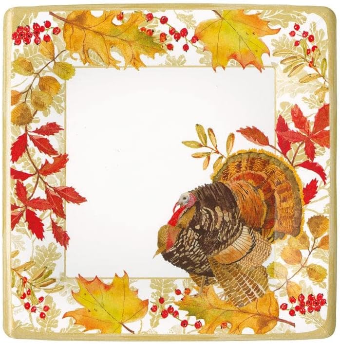 Caspari Woodland Turkey Square Paper Salad & Dessert Plates, 16 Count