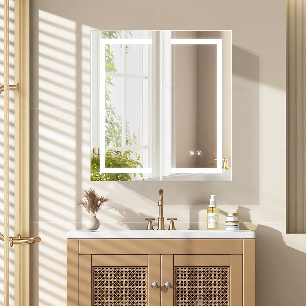 LED Medicine Cabinet,Bathroom Mirror Cabinet with Lights,30×32inch,Equip with Internal Light,Aluminum Construction,USB Shaver Socket,3 Color,Dimmer,Demister,Surface Mounted and Recess Mounted