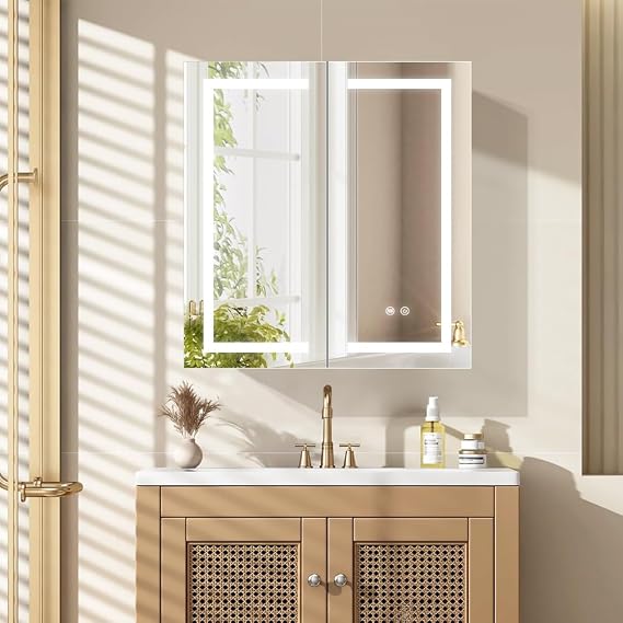 LED Mirror Cabinet,Bathroom Mirror Cabinet with Lights,76cm×81cm,Equip with Internal Light,Aluminum Construction,USB Shaver Socket,3 Color,Dimmer,Demister,Surface Mounted and Recess Mounted