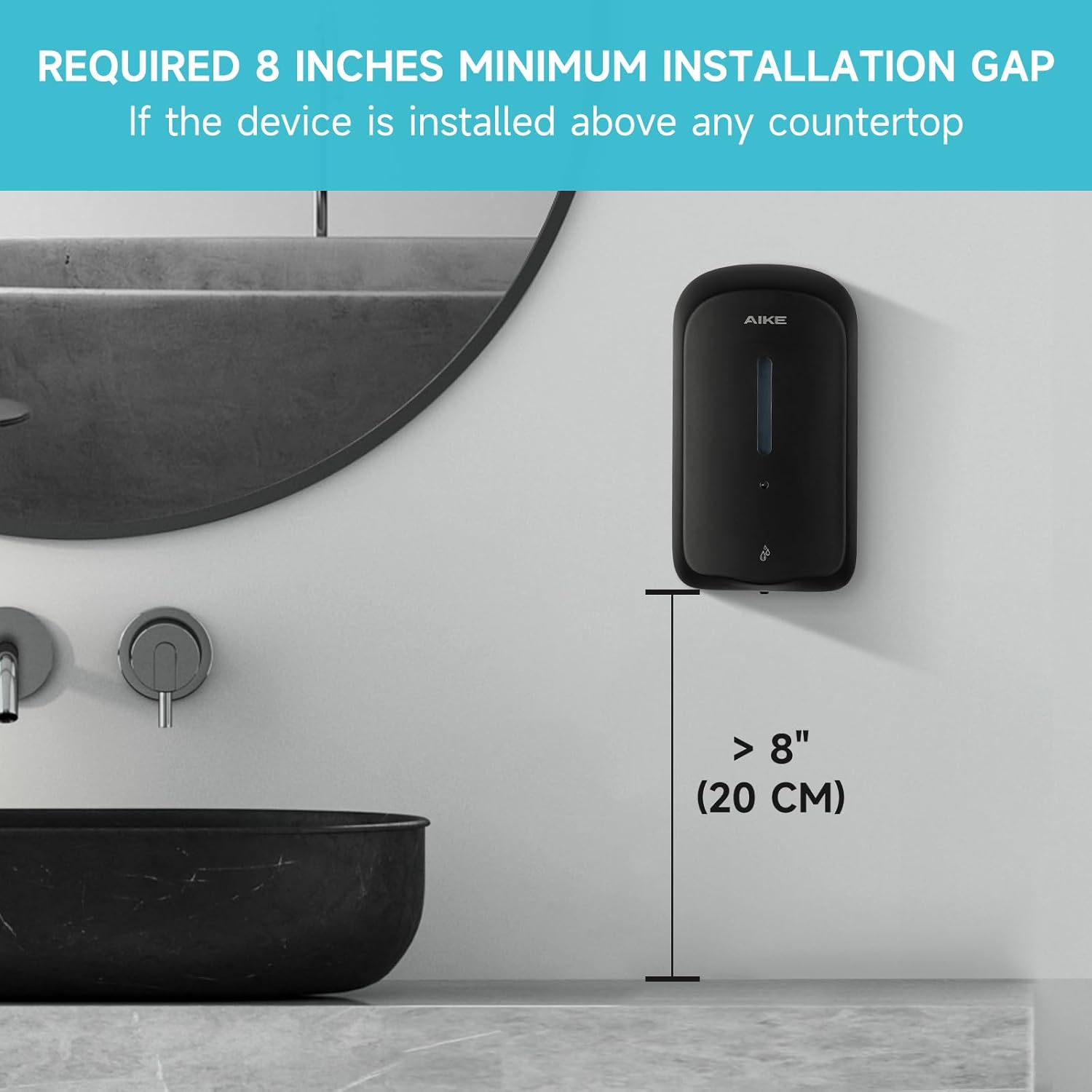 Diagram showing the required 8 inches minimum installation gap above a countertop for the dispenser.