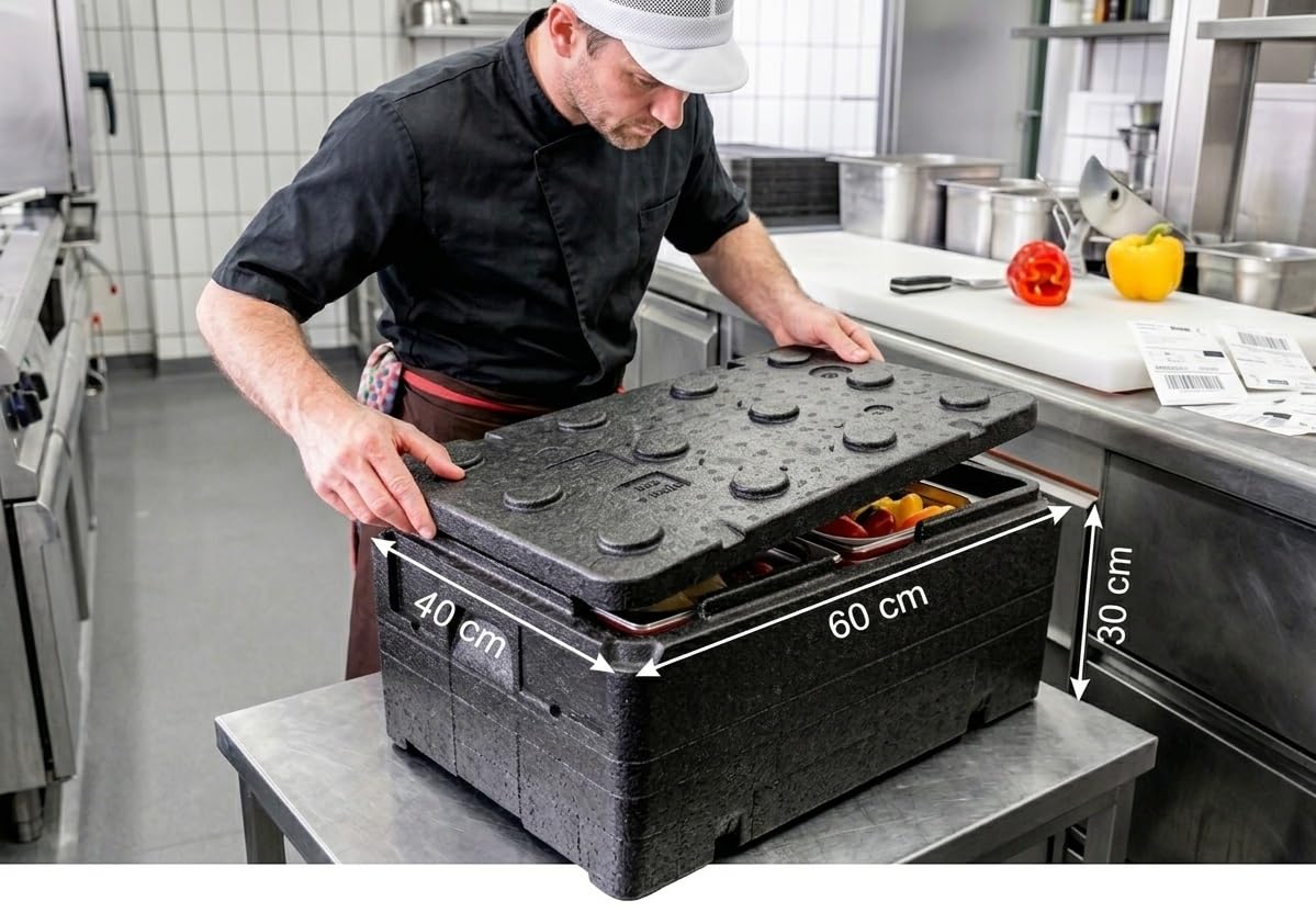 2er Set Piocelan Thermobox 47,6 L Schwarz – Profi Isolierbox Set für Lebensmittel & Catering – Kühlbox 1/1 GN Format 60x40x30cm Robuste Styrobox für Transport & Lagerung – 2 Stück