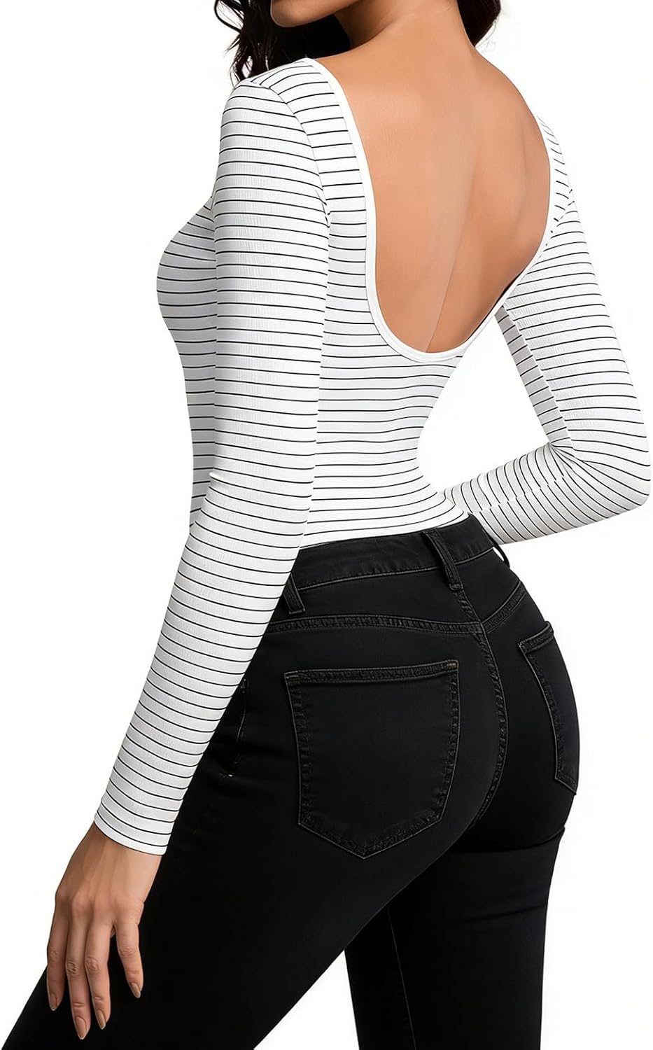 Long Sleeve Backless Black Bodysuit Stripe Tops Shirts Open Back Slim Fit Croop Neck Going Out Sexy Basic Tops