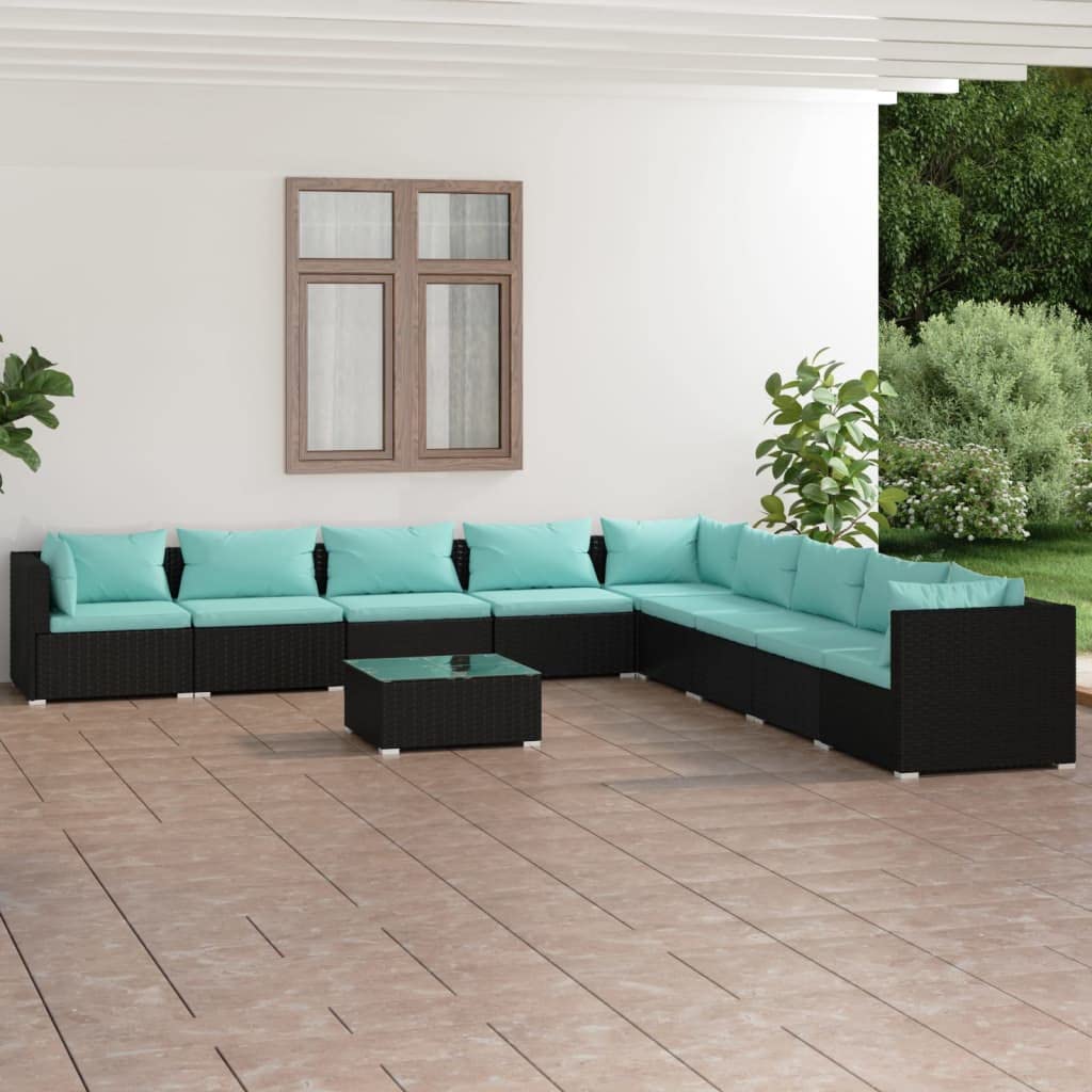 Set di 10 mobili da giardino con cuscini, in rattan sintetico, colore nero, design modulare con telaio in acciaio verniciato a polvere, rattan sintetico impermeabile, set con seduta rimovibile
