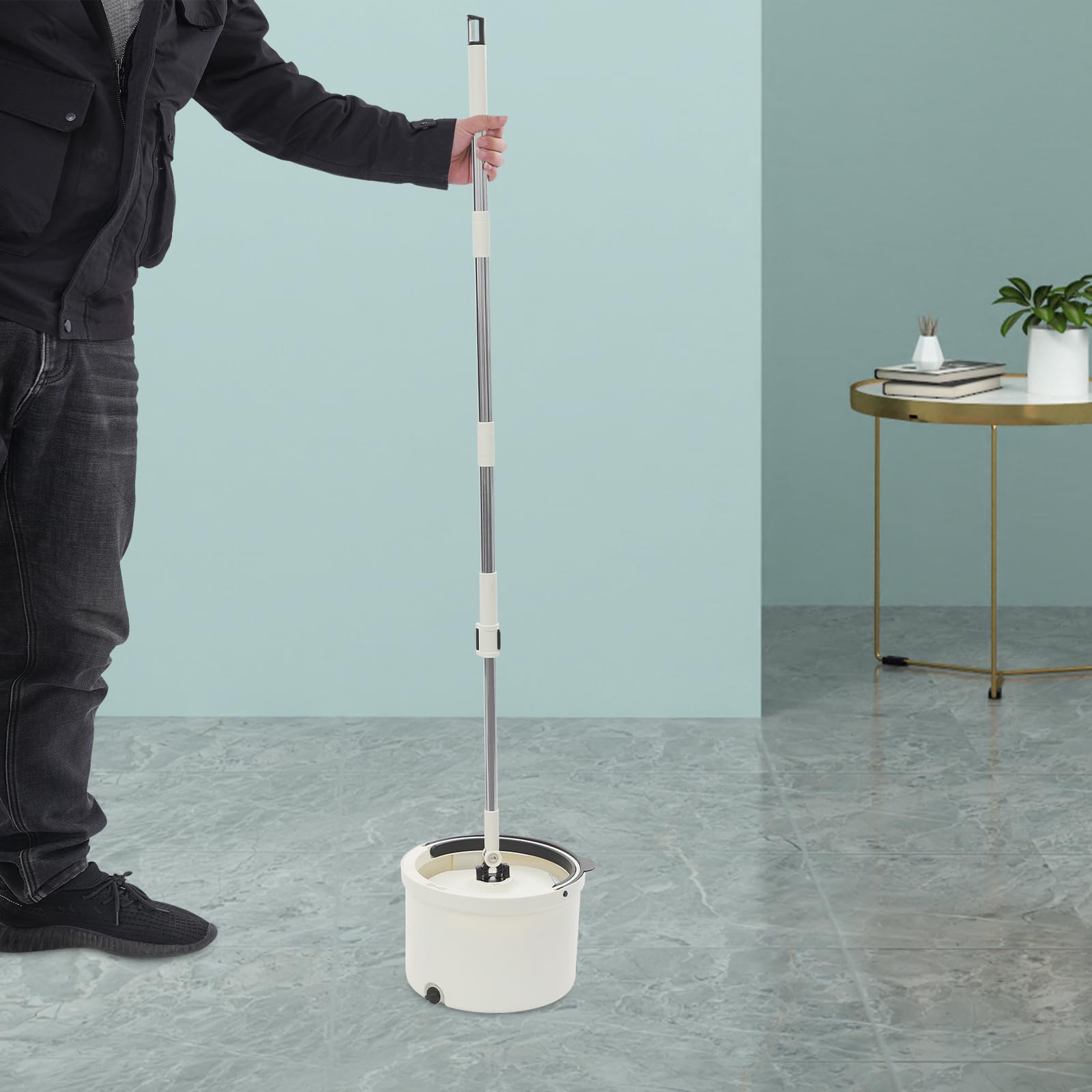 Wischmopp und Eimer Set Spinnenmopp mit Eimer 360° Drehbar Bodenwischer für Zuhause Küche Wohnzimmer Laminat Fliesen 5 Ersatztücher