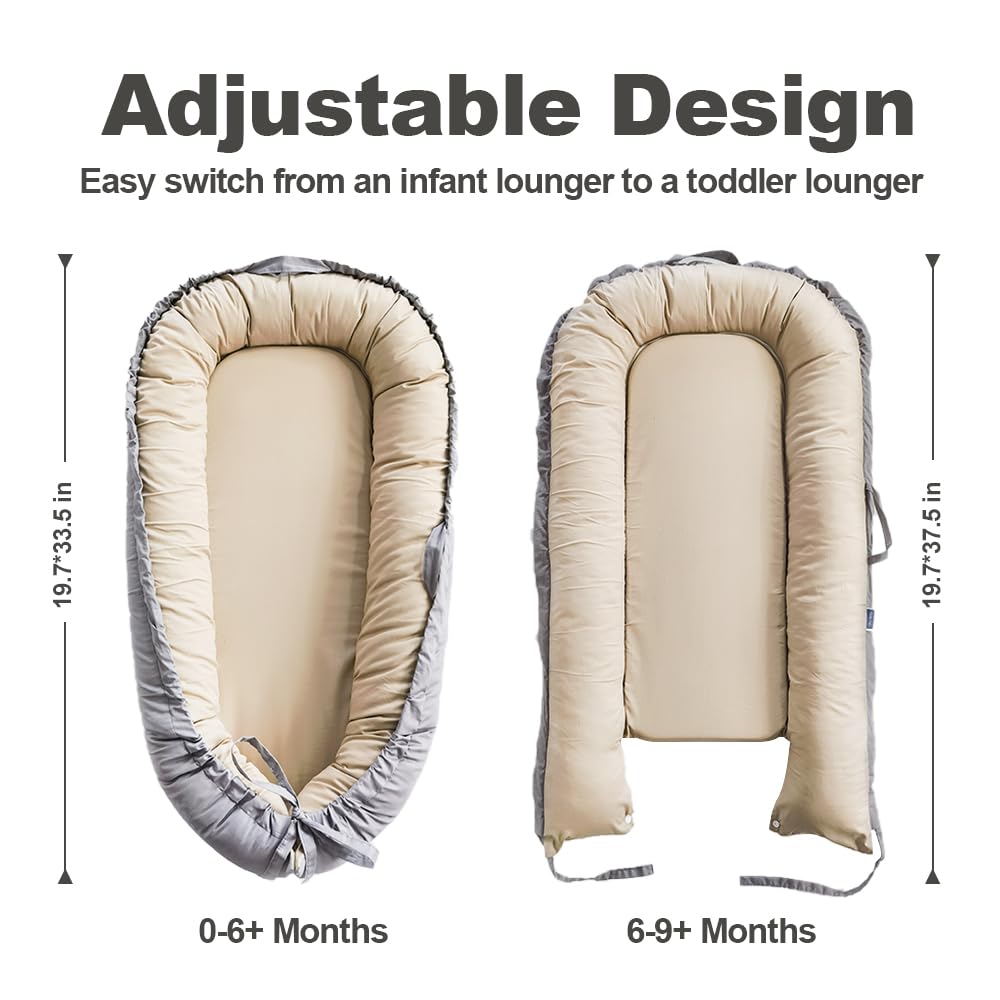 Baby Lounger, Baby Nest Cover for Baby, Reversible & Breathable Cotton, Adjustable Baby Floor Seat for Tummy Time, Portable Infant Lounger, Essentials for Newborns (Gray)