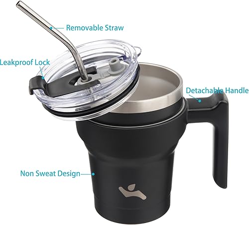 Miniatura 2 de Vaso con asa de acero inoxidable con aislamiento térmico al vacío, con 2 popotes y 2 tapas, reutilizable, de 10 onzas, color negro
